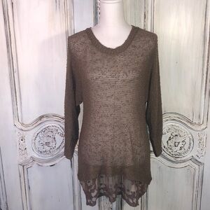 Iris Designed in LA  Taupe Open Weave Long Sleeve Lace Hem Tunic Sweater